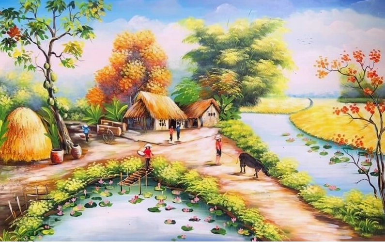 Tranh vẽ phong cảnh làng quê yên bình với con đường nhỏ và mái nhà
