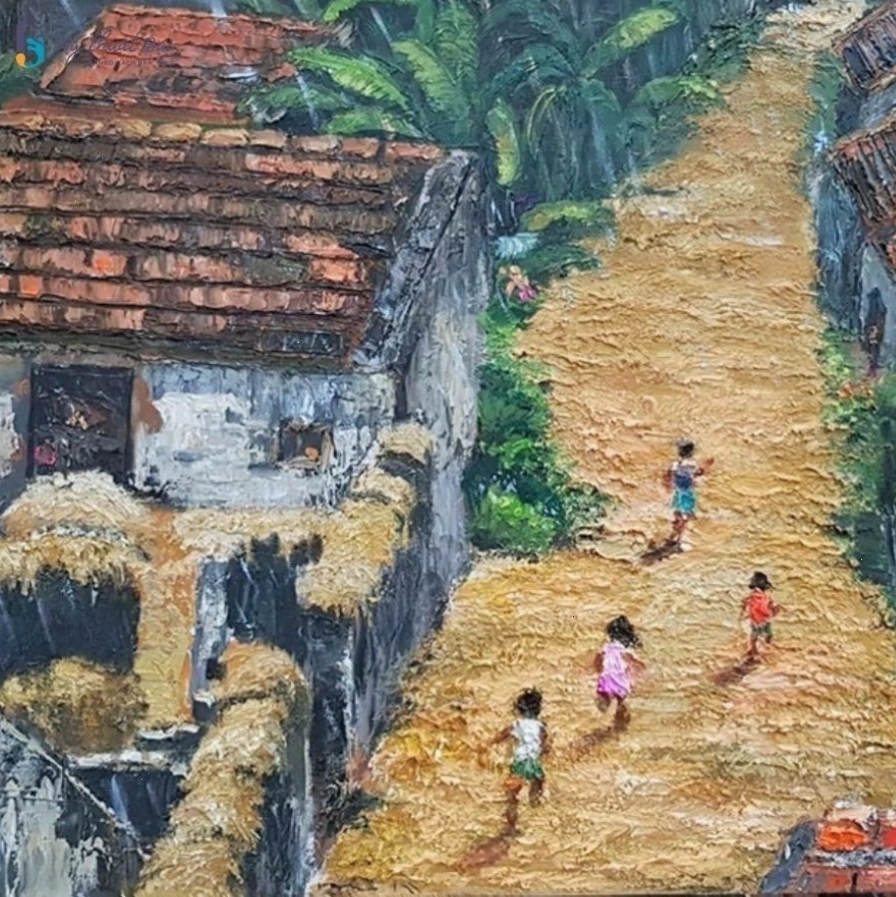Trẻ em đang say sưa vẽ tranh phong cảnh quê hương với màu sắc tươi tắn