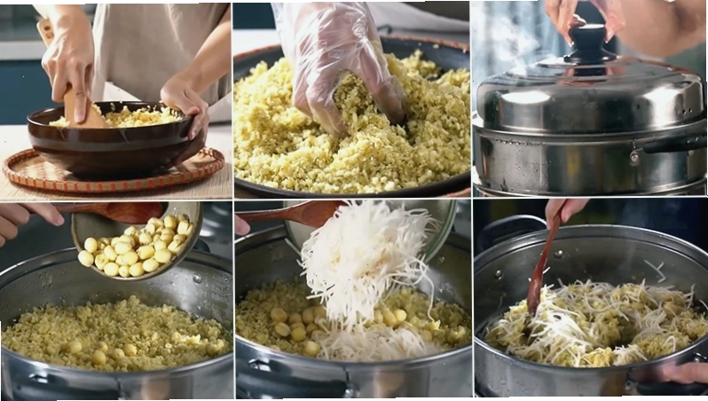 Trộn đều các nguyên liệu làm xôi cốm