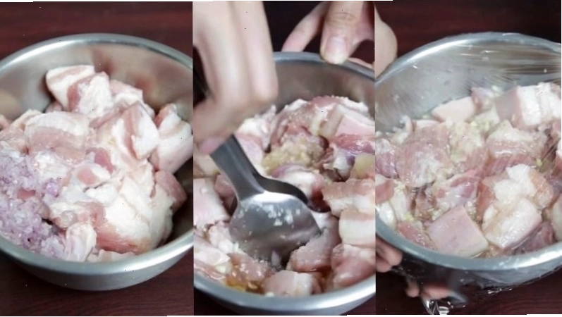 Ướp thịt ba chỉ với gia vị cho món thịt kho tàu đậm đà