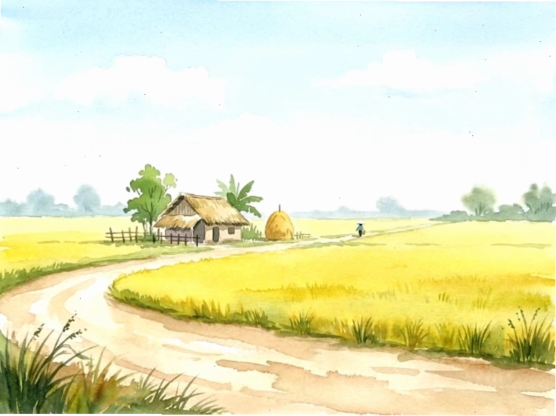 Vẽ tranh làng quê với cánh đồng lúa, đường làng, mái nhà và hàng cây xanh.