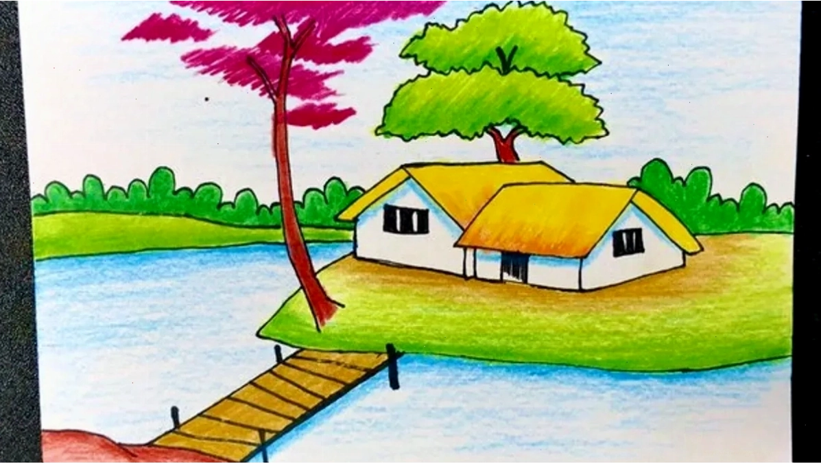 Vẽ tranh phong cảnh thiên nhiên lớp 7 với cảnh làng quê yên bình