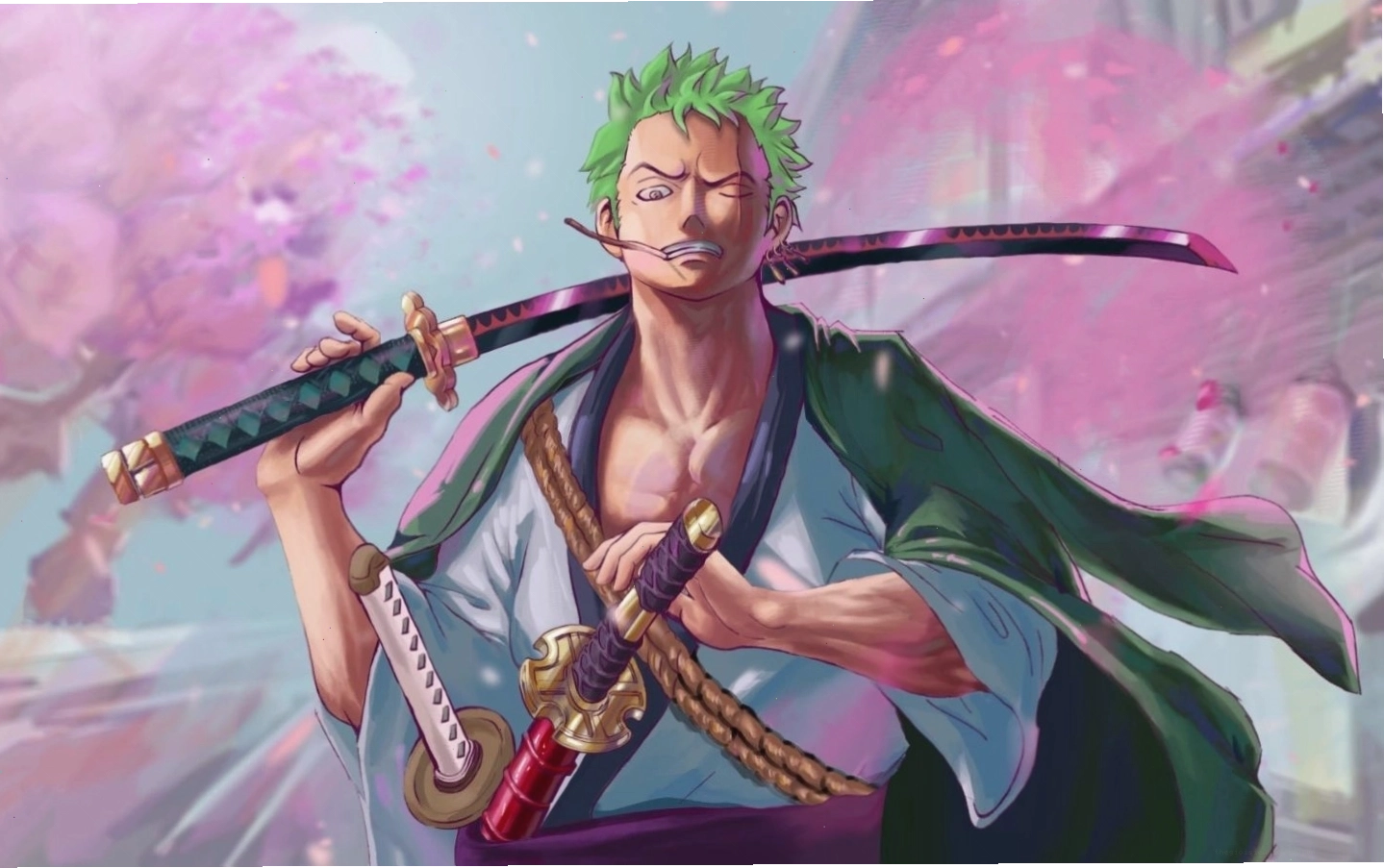 Zoro trong tư thế tấn công trên nền phong cảnh anime