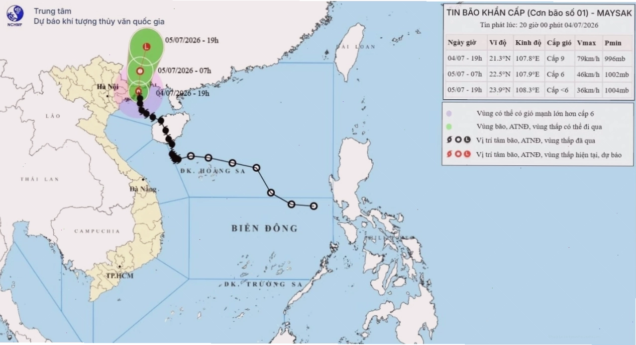 Vị trí tâm bão số 1 đang di chuyển gần vùng biển tỉnh Quảng Ninh
