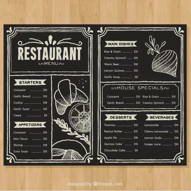 Restaurant menu in blackboard style with detailed food icons