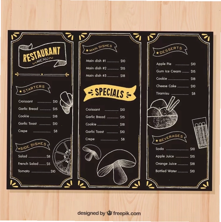 Restaurant menu in blackboard style with white chalk text