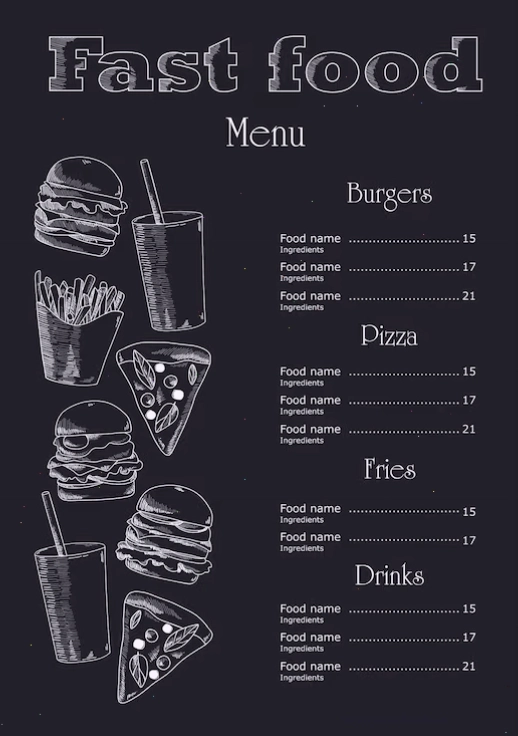 Vintage chalk drawing fast food menu with burger icons