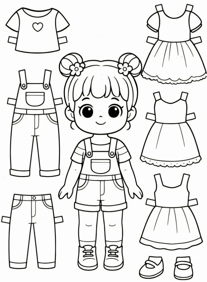 Bé gái đang tô màu váy búp bê giấy chibi
