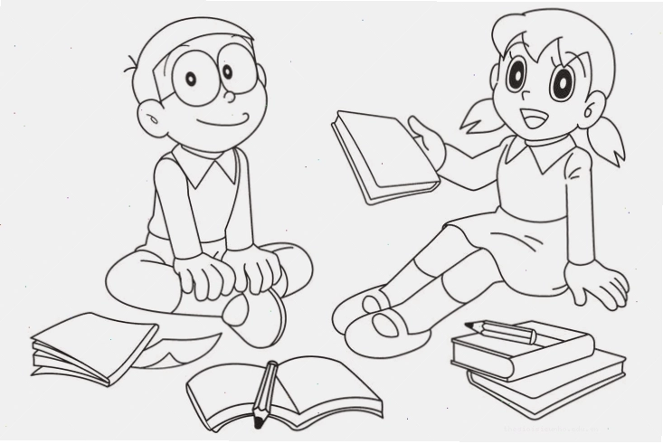 Bé tập tô màu Doremon và Nobita với bối cảnh trường học
