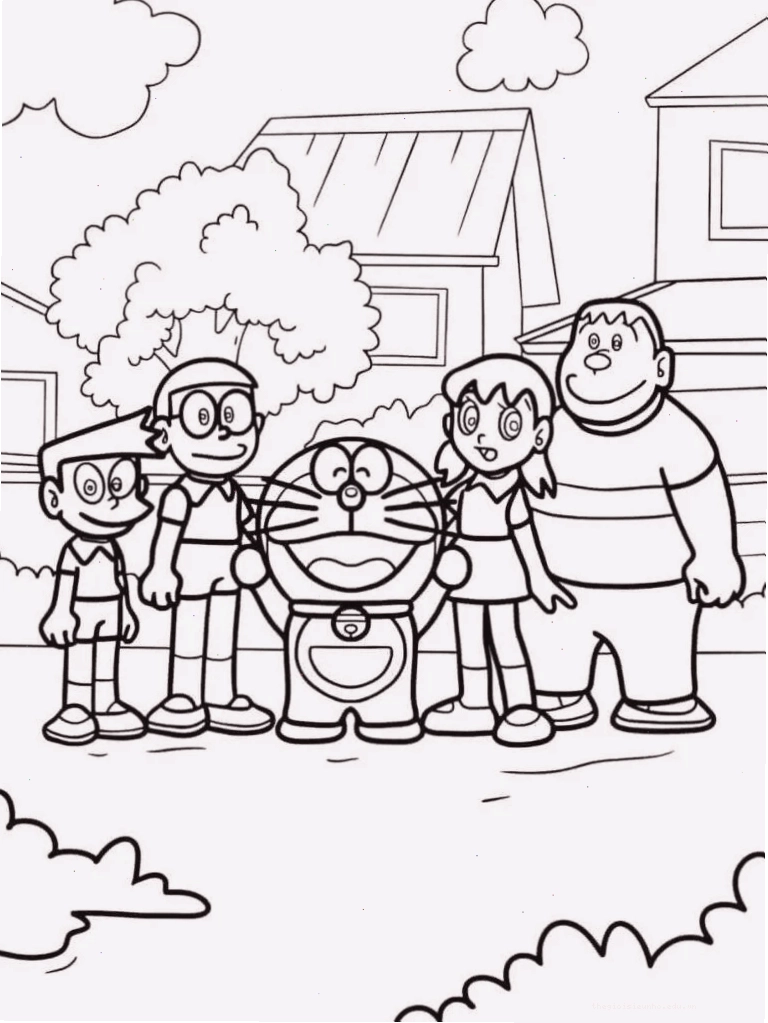 Bé tập tô màu Doremon và Nobita vui vẻ bên bạn bè