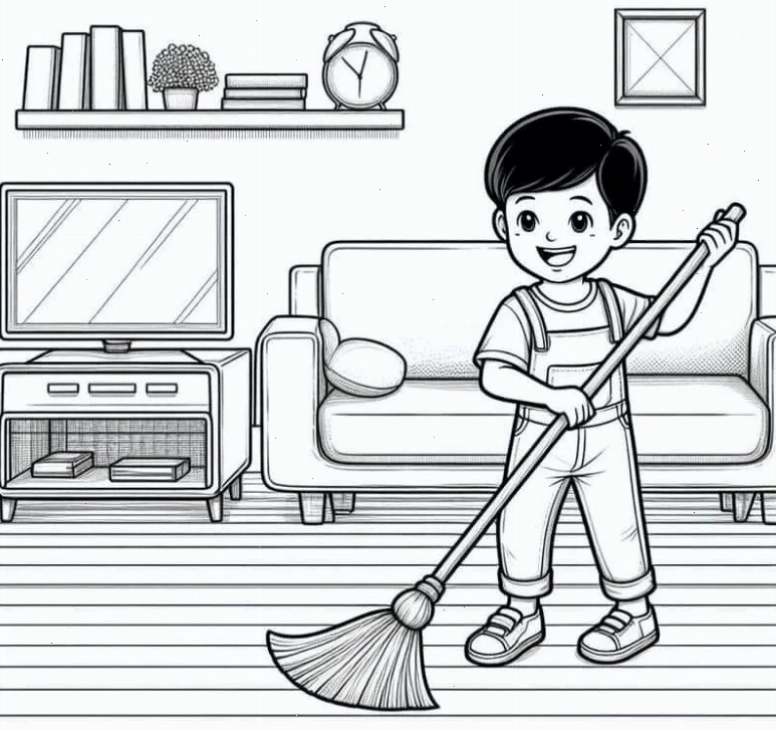 Bé tập trung tô màu tranh công việc nhà