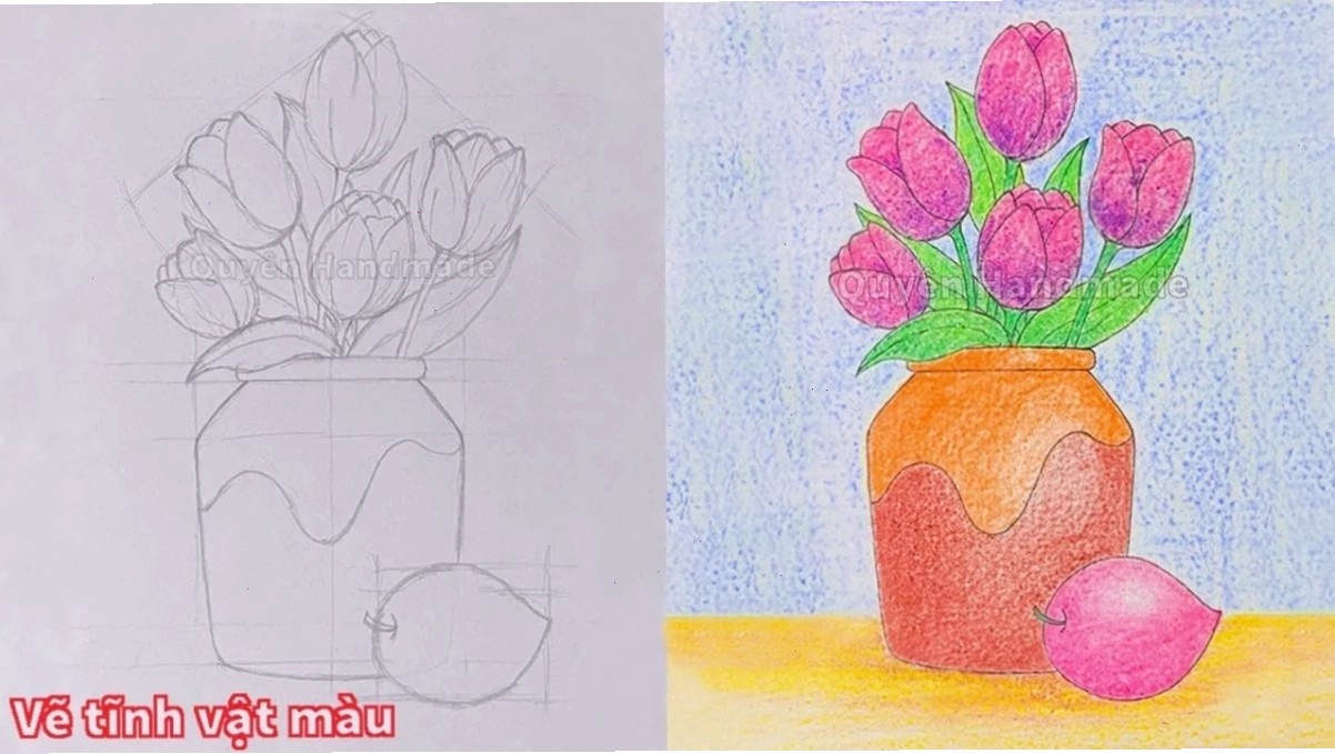Bé thực hành kỹ thuật tô màu đậm nhạt cho lọ hoa và quả