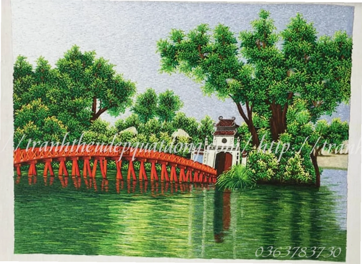 Cầu Thê Húc màu son cong cong trong tranh tô màu