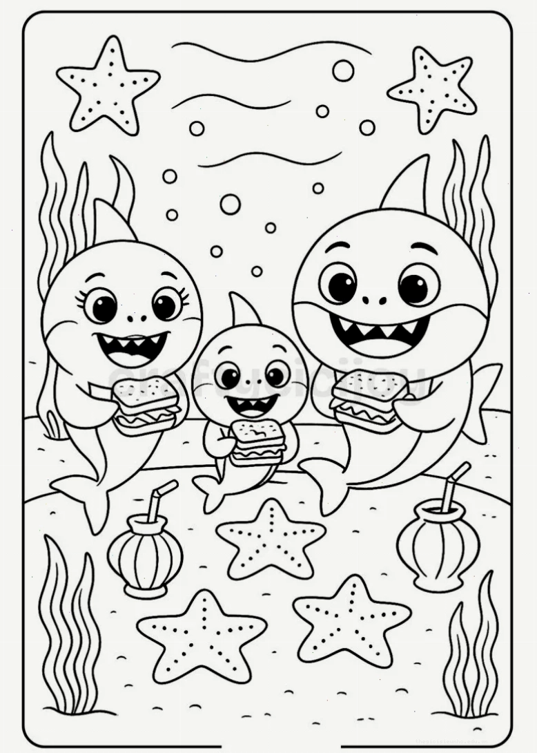 Gia đình cá mập trong tranh tô màu baby shark