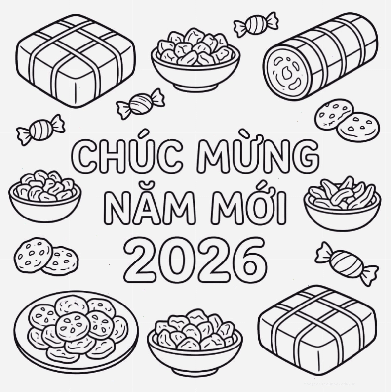 Thiệp chúc tết tranh tô màu với chủ đề gia đình sum vầy