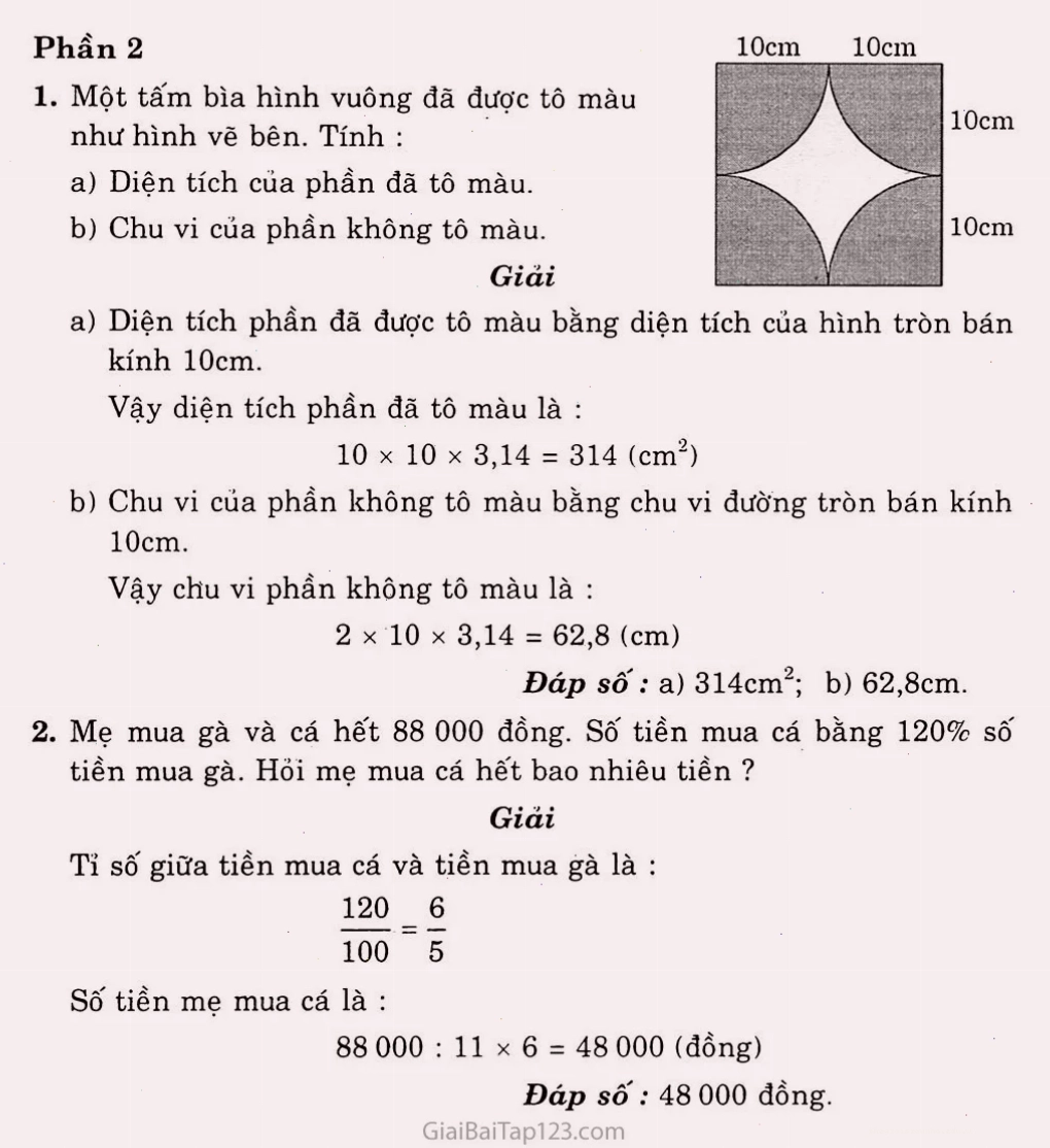 Tính toán diện tích phần tô màu