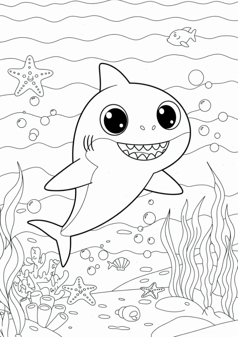 Tranh tô màu Baby Shark có thêm các sinh vật biển khác