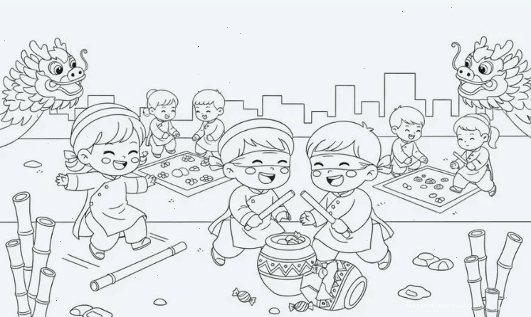 Tranh tô màu bé chúc tết gói bánh chưng truyền thống