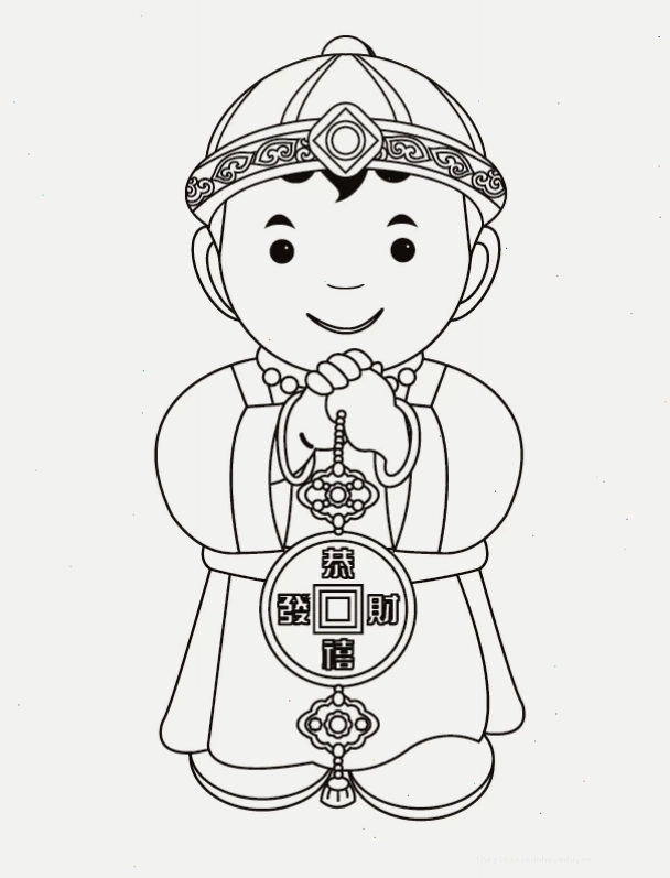 Tranh tô màu bé chúc tết mâm ngũ quả ngày Tết