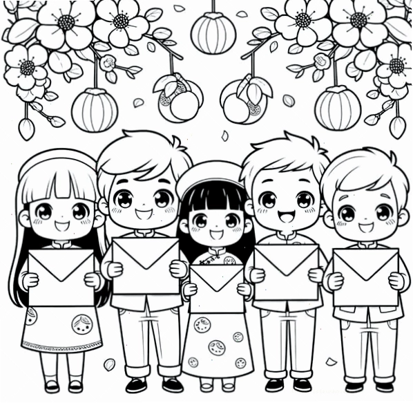 Tranh tô màu bé chúc tết với hình ảnh bao lì xì may mắn