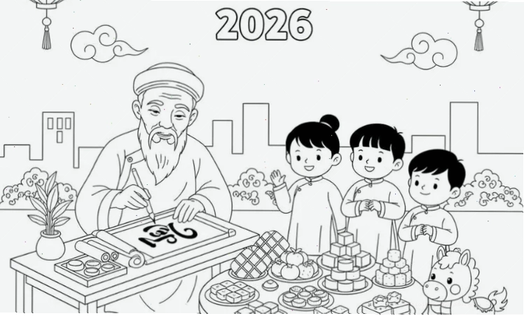 Tranh tô màu bé chúc tết với hình ảnh gia đình sum vầy