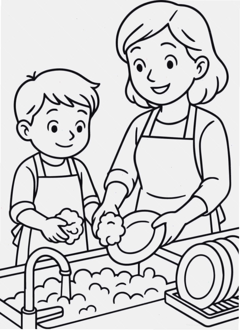 Tranh tô màu bé đang giúp mẹ nấu ăn