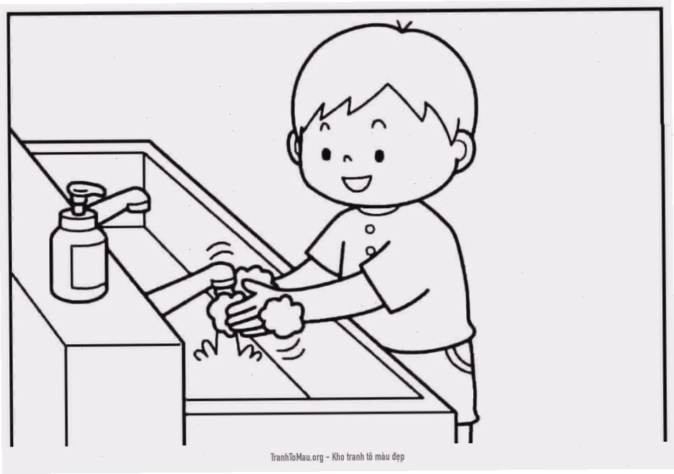 Tranh tô màu bé đang rửa mặt vui vẻ