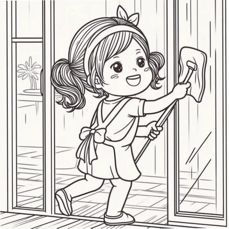 Tranh tô màu bé giặt quần áo