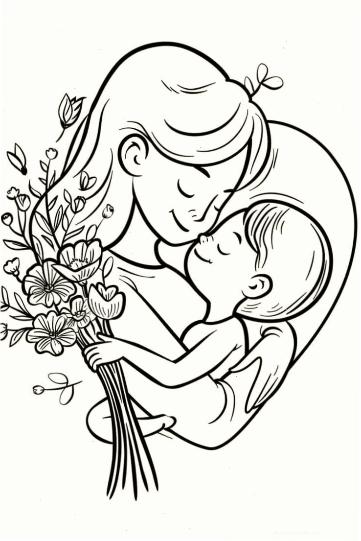 Tranh tô màu bé ôm mẹ thể hiện tình cảm yêu thương