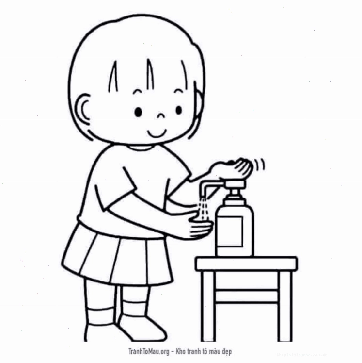 Tranh tô màu bé rửa tay với xà phòng