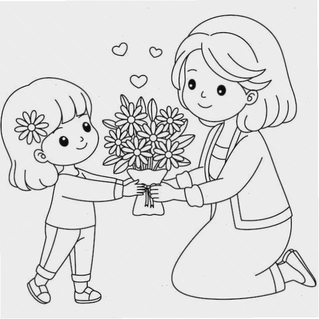Tranh tô màu bé trai tặng mẹ bó hoa xinh đẹp