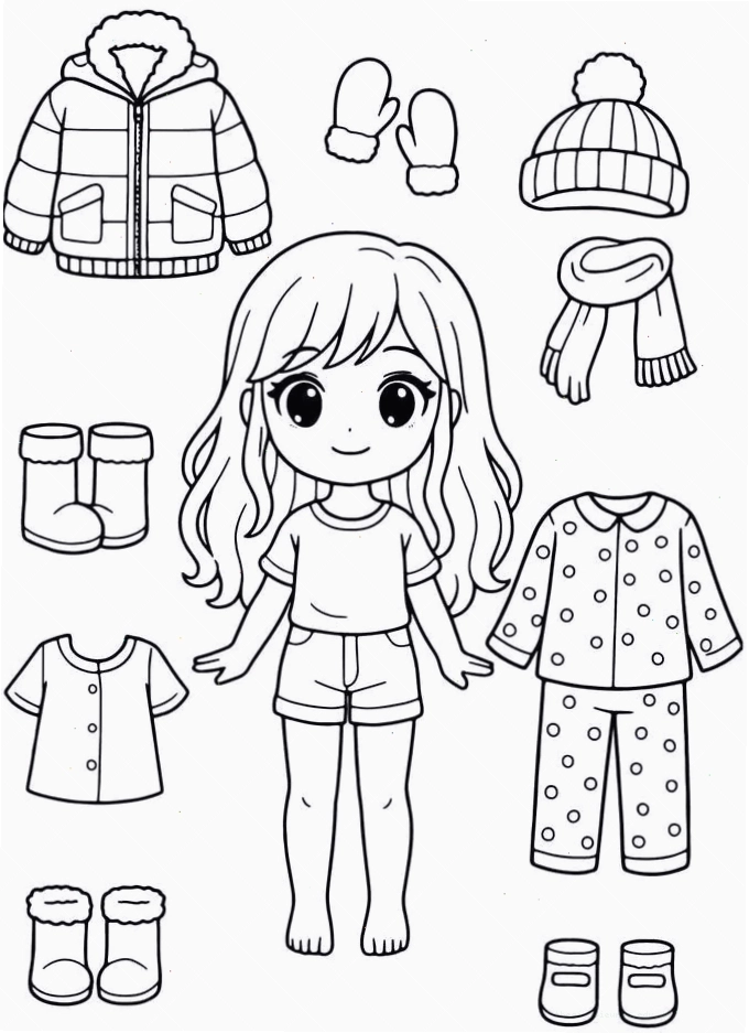 Tranh tô màu búp bê giấy chibi phong cách kawaii