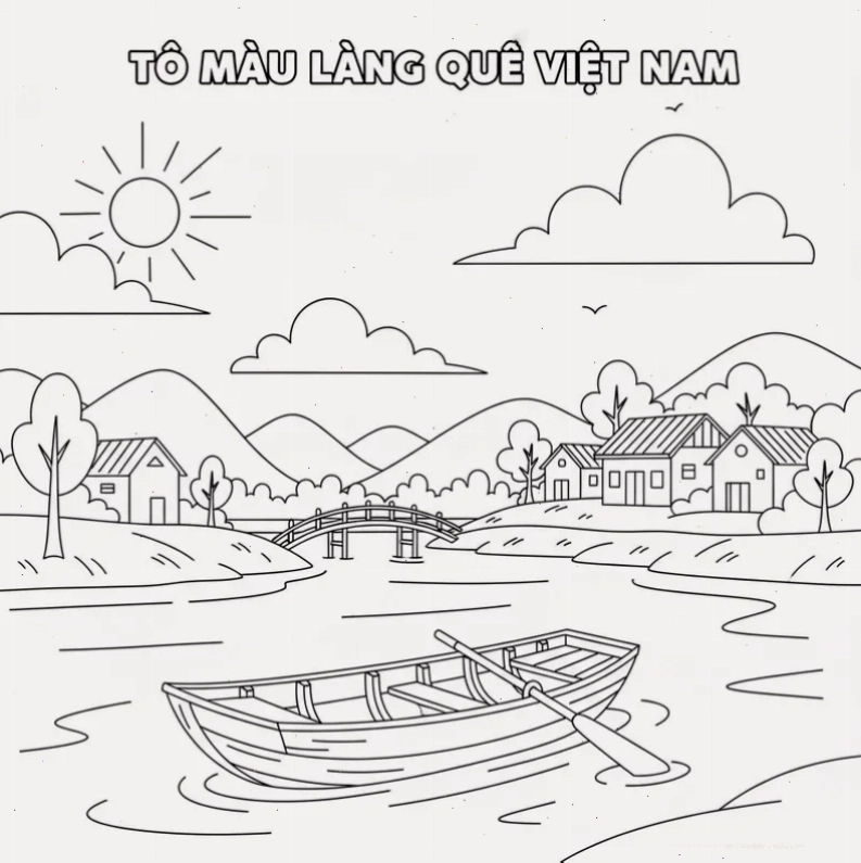Tranh tô màu cảnh đẹp quê hương với con vật đáng yêu
