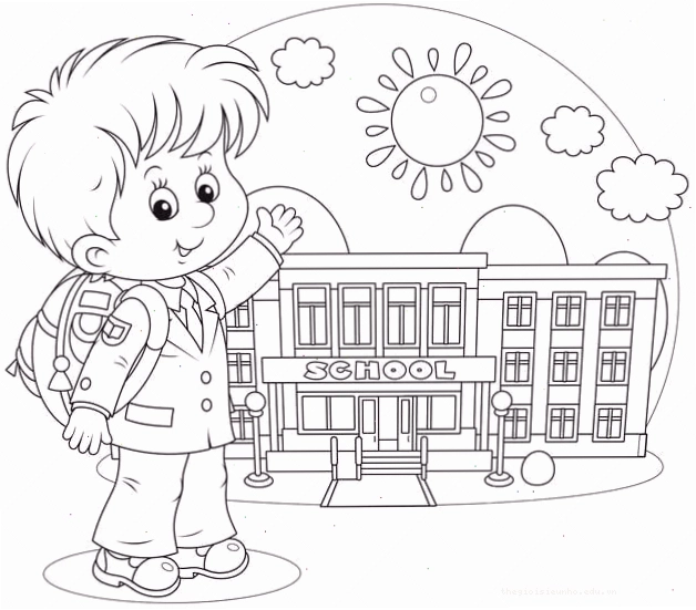 Tranh tô màu cảnh trường học sáng tươi với bảng phấn xanh