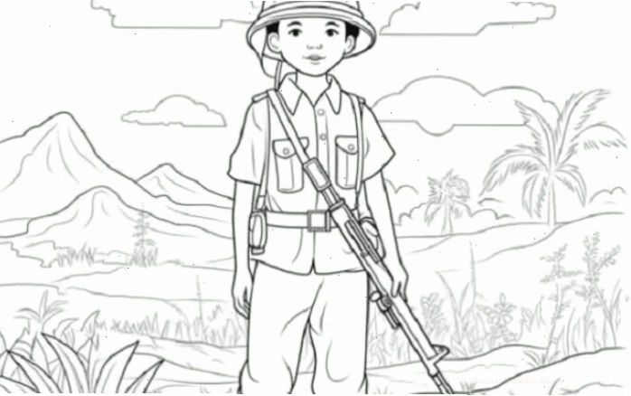 Tranh tô màu chú bộ đội và em nhỏ