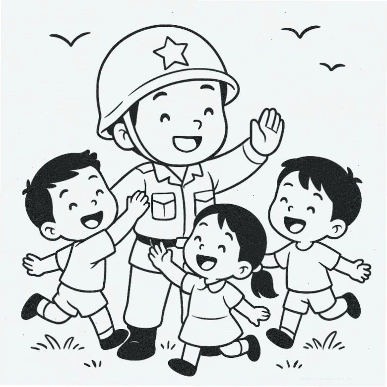 Tranh tô màu chú bộ đội với nụ cười thân thiện
