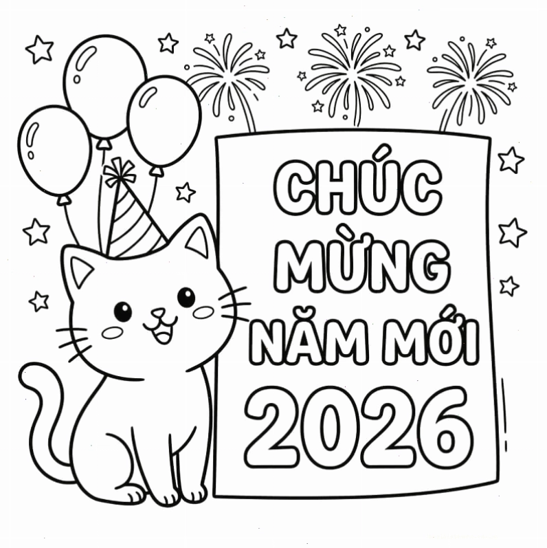 Tranh tô màu chúc mừng năm mới với hình ảnh gia đình sum vầy