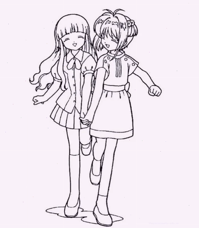 Tranh tô màu Sakura và Tomoyo trong trang phục dễ thương