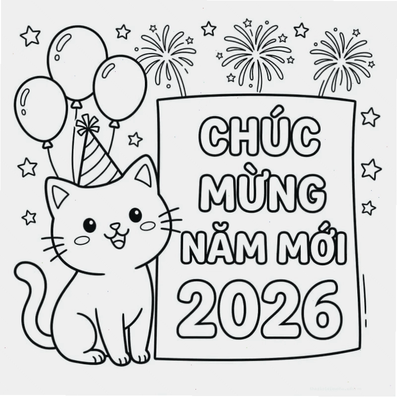 Tranh tô màu thiệp chúc Tết với hình ảnh cành mai và câu đối