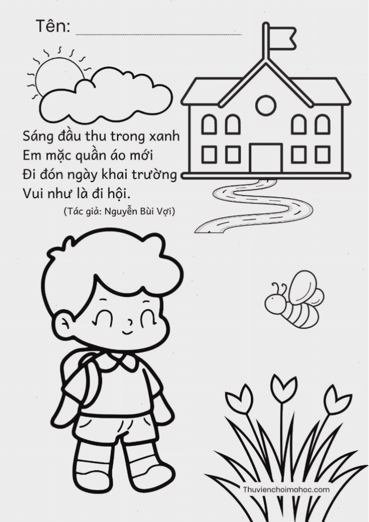 Tranh tô màu trường em với lá cờ Tổ quốc tung bay