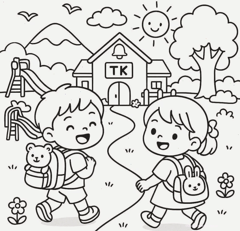 Tranh tô màu trường em với thầy cô giáo tận tình