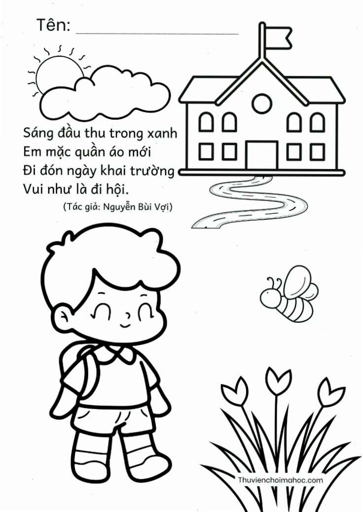 Tranh tô màu về trường mầm non với cổng trường mái đỏ